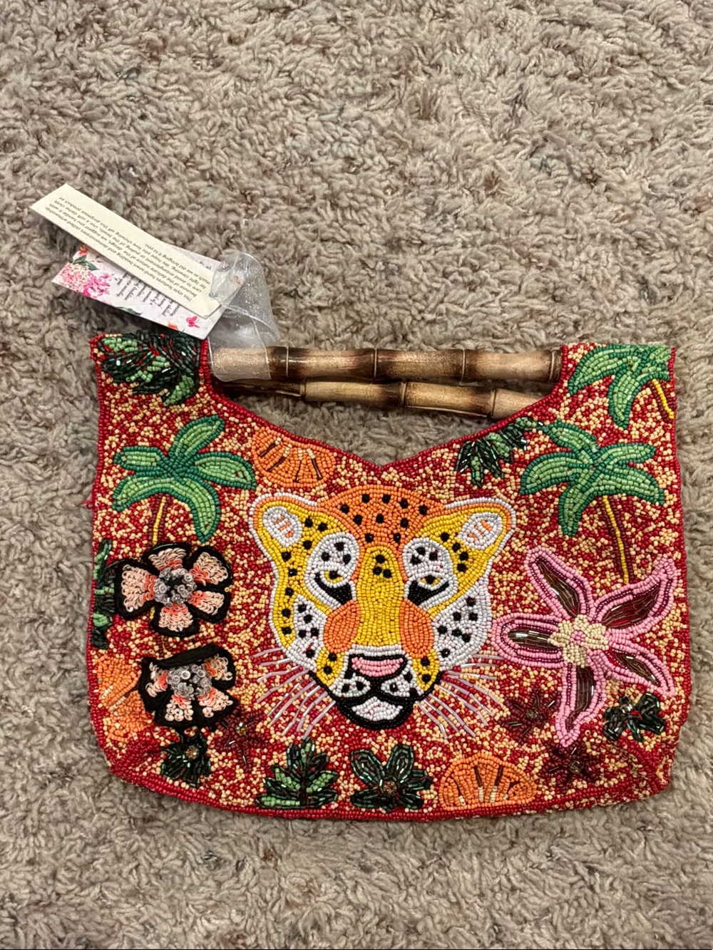 Leopard Bamboo Handle Beaded Bag